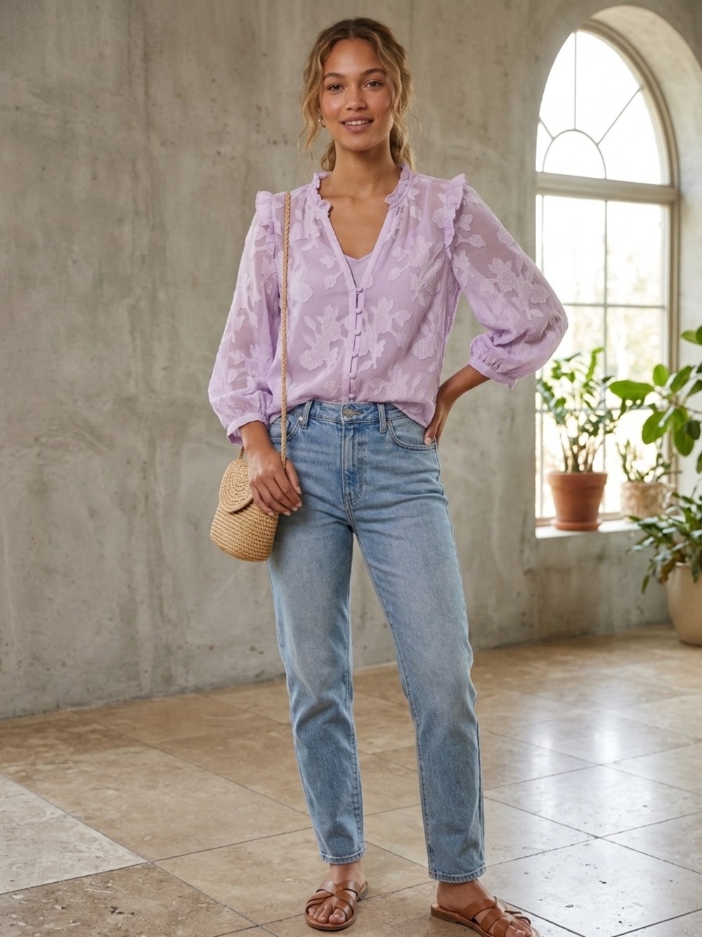 Sheer Lavender Floral Button-Front Blouse
